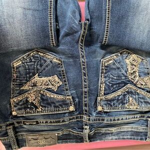 BKE Women's Straight Leg Jeans - Dark Blue with Embroidered Details